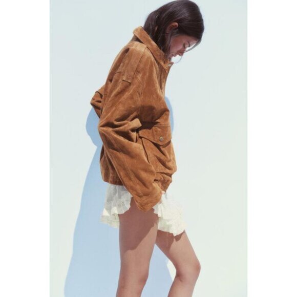 ZARA 100% SUEDE LEATHER BOMBER JACKET WITH POCKETS - Picture 5 of 9